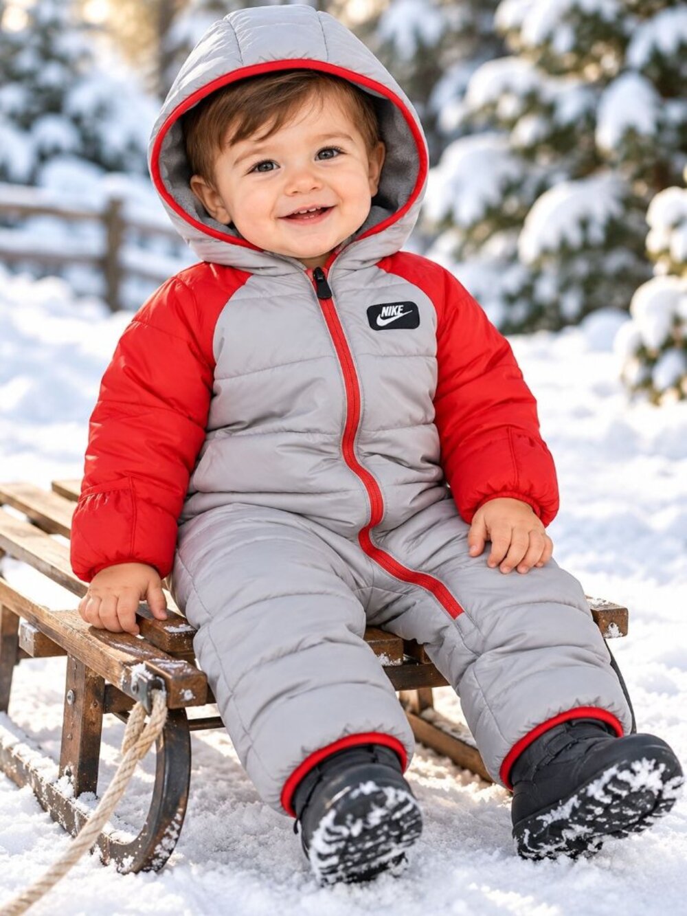 Nike Baby Fleece Lined Puffer Snowsuit Grey Red 56F422-G4R Size Newborn